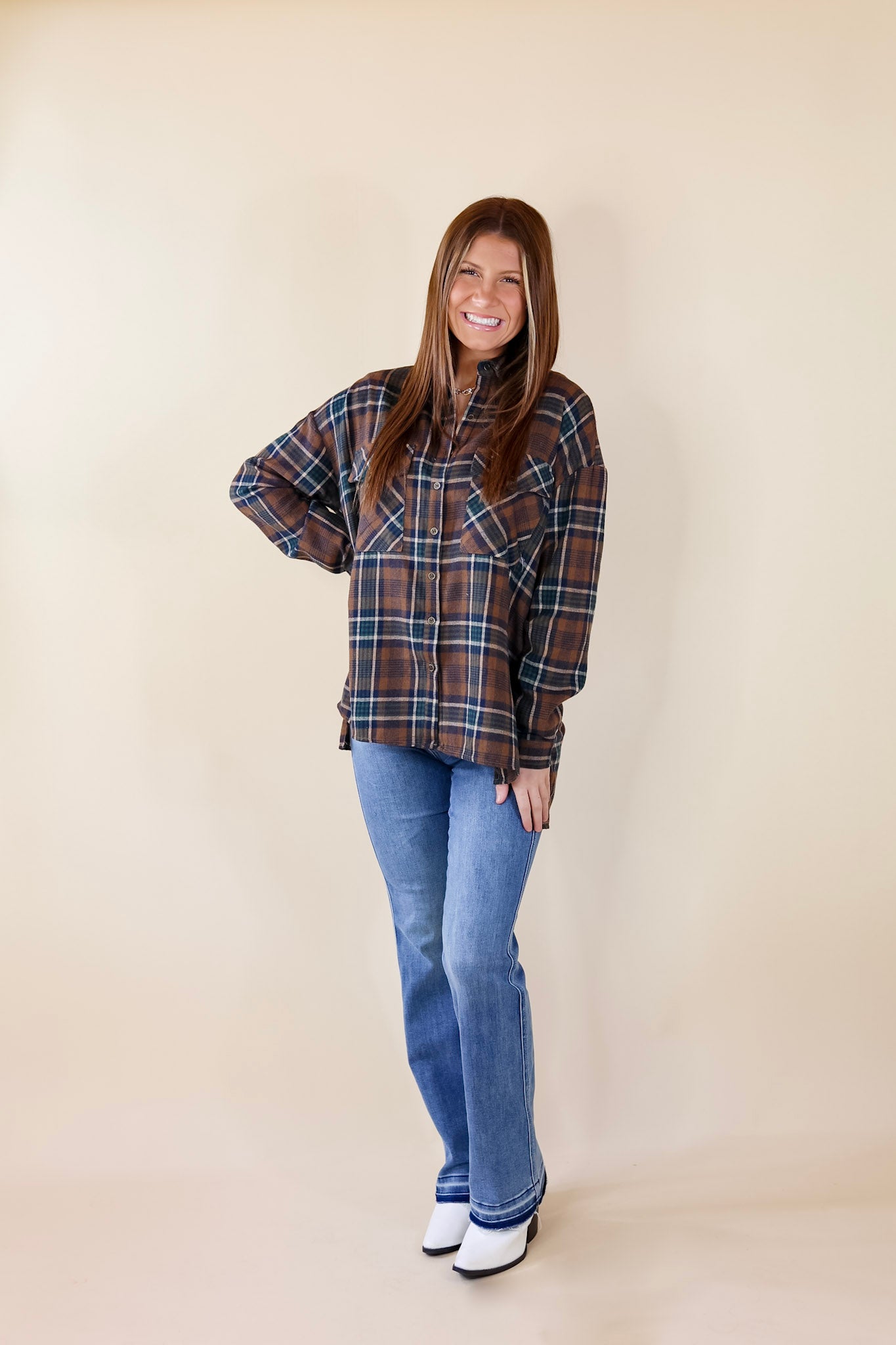 My Next Move Button Up Plaid Flannel Top in Mocha Brown