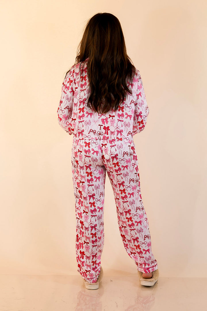 Simply Southern | Sweet Slumber Matching PJ Satin Set with Pink Bow Detailing in Ivory