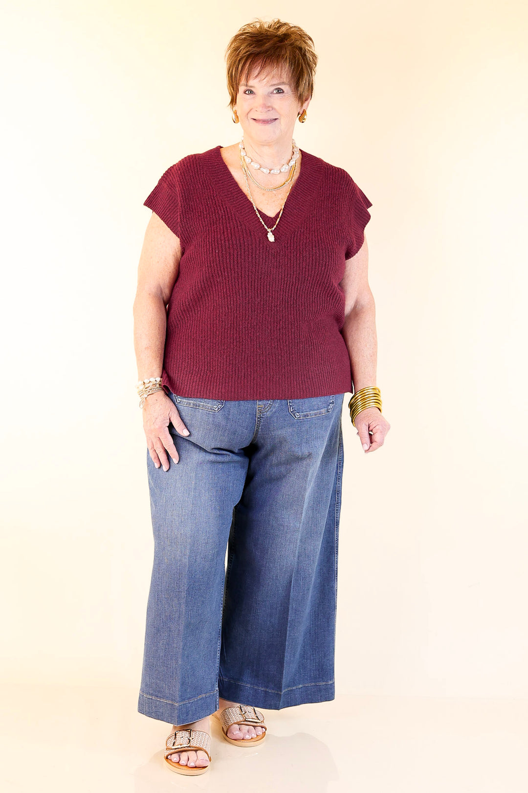 Fall For You Textured V-Neck Oversized Knit Sweater Vest Top in Maroon