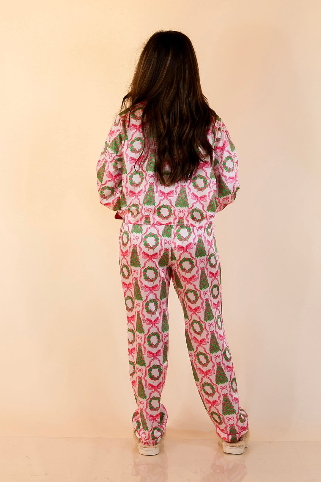 Simply Southern | Sweet Slumber Matching PJ Satin Set with Bow Detailing and Christmas Trees in Ivory