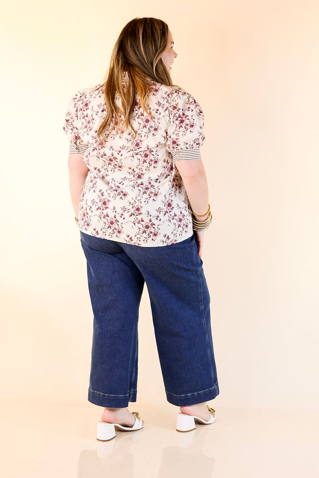 Timeless Beauty Button Up Puff Sleeve Top with Maroon Floral French Toile Print in Cream