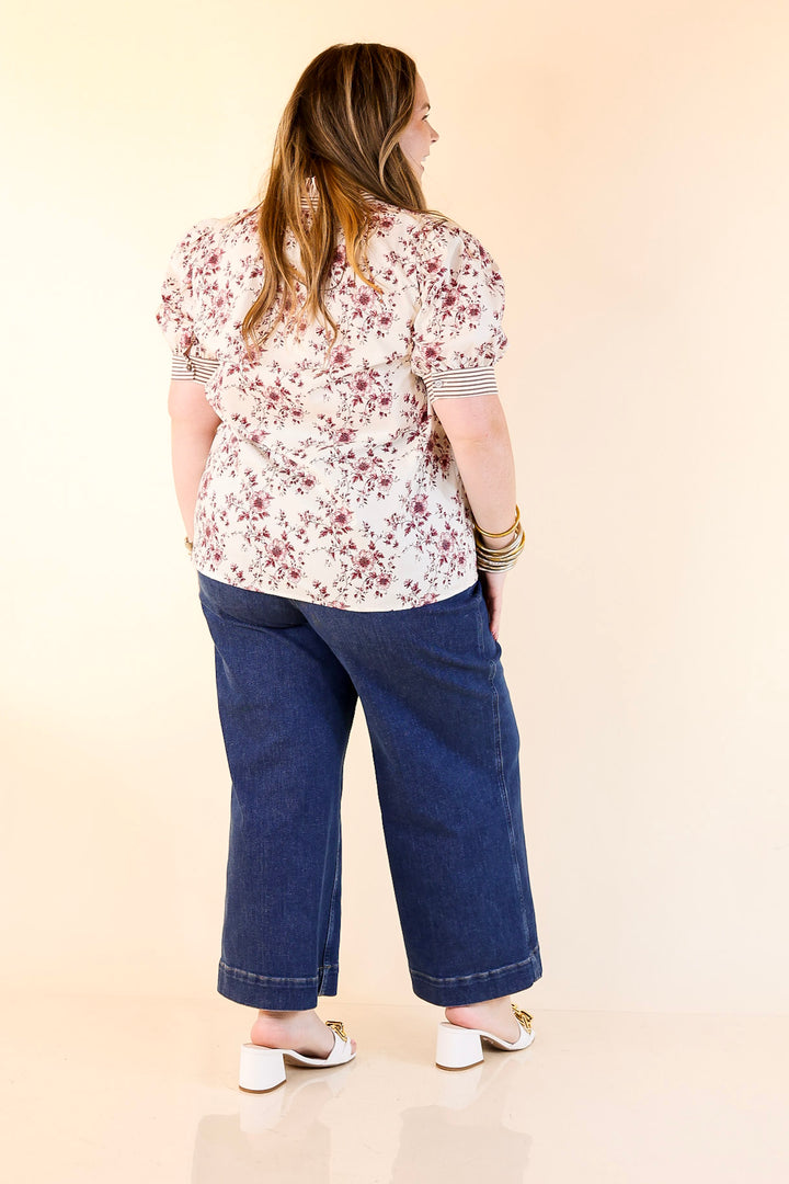 Timeless Beauty Button Up Puff Sleeve Top with Maroon Floral French Toile Print in Cream