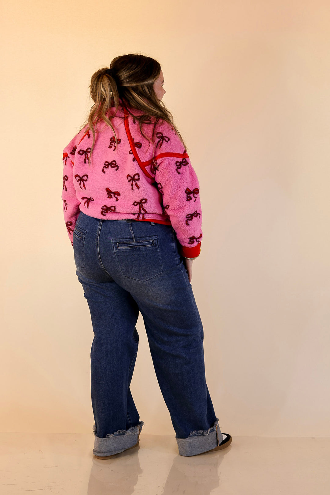 Simply Southern | Cozy Intentions Fleece Half Zip Pullover Jacket in Pink with Red Bows