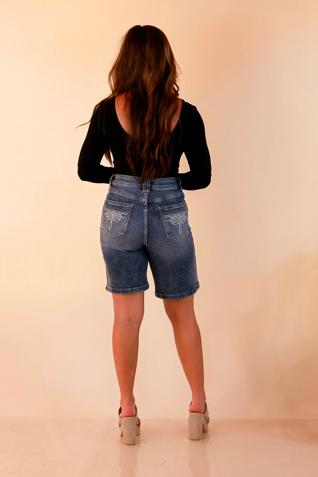L&amp;B | Meet Me in Cheyenne Bermuda Denim Shorts in Medium Stone Wash