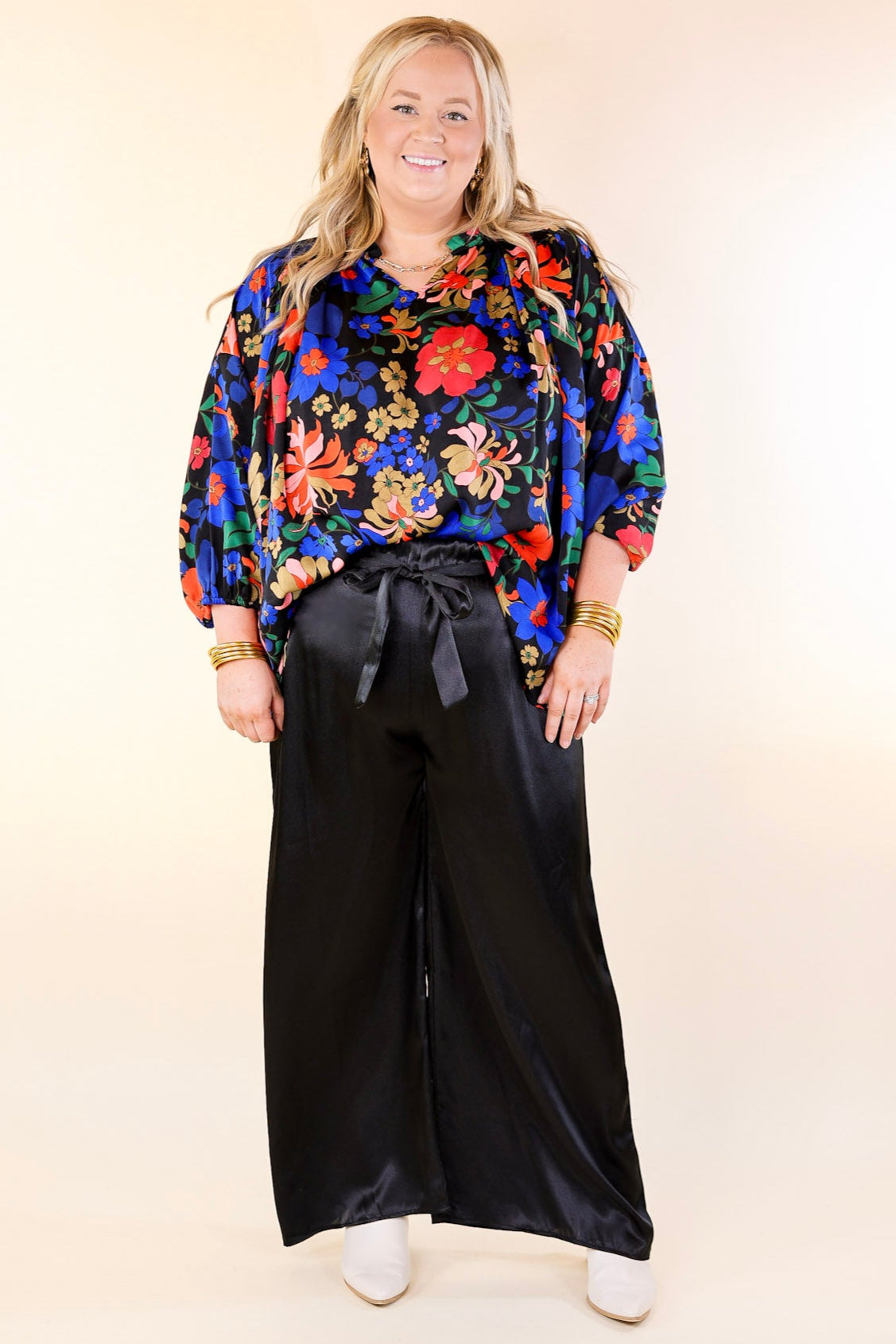 Dare To Dazzle Wide Leg Satin Pants with Waist Tie in Black