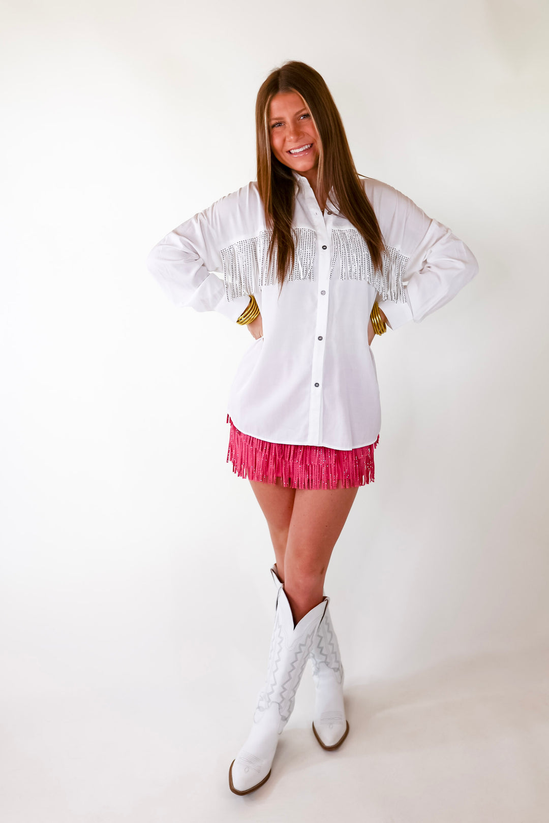 All That Shimmers Crystal Fringe Button Up Top with Long Sleeves in White - Giddy Up Glamour Boutique