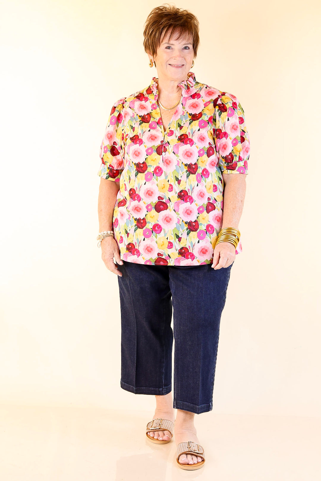 Brighter Blooms Ahead Floral Print Top with Ruffle Collar and Puff Sleeves in Multi