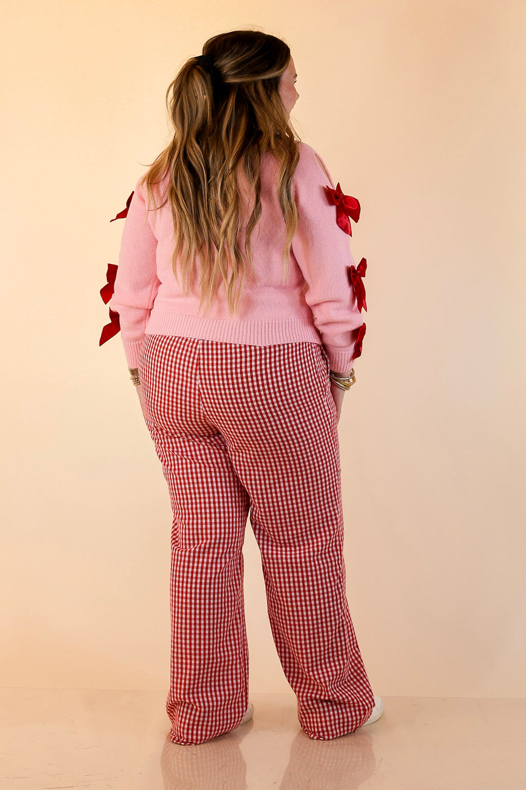 Simply Southern | Merry Moment Textured Knit Sweater with Red Bows in Pink