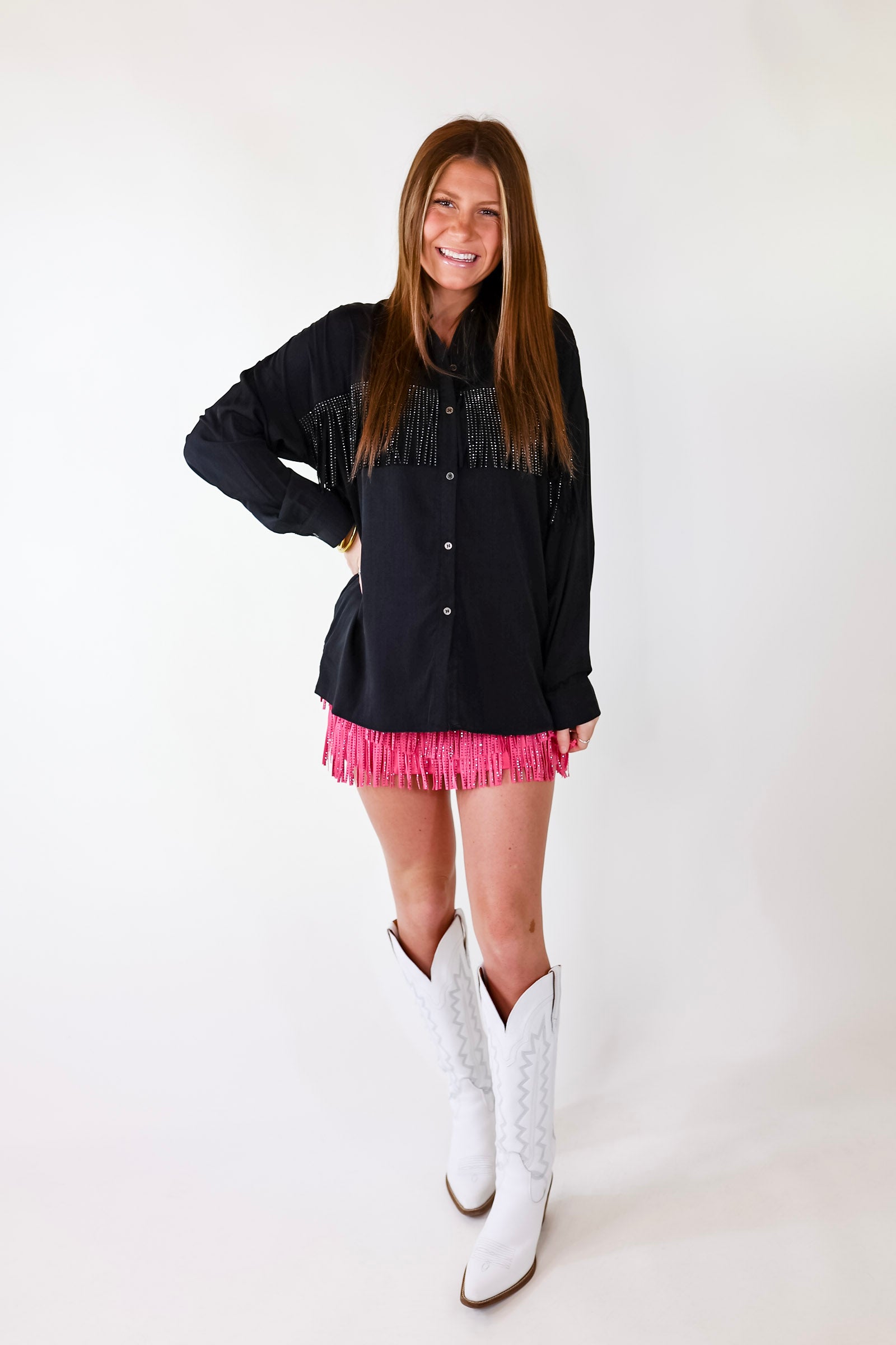All That Shimmers Crystal Fringe Button Up Top with Long Sleeves in Black - Giddy Up Glamour Boutique