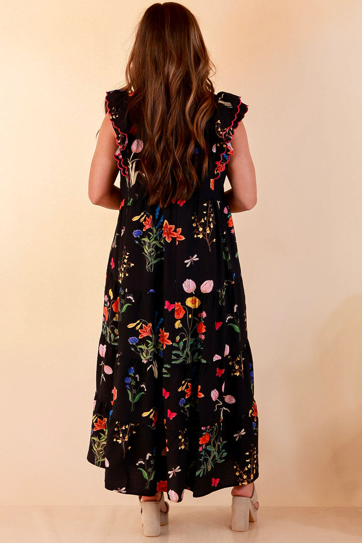 Flourishing Charm Floral Ruffle Cap Sleeve Tiered Midi Dress in Black