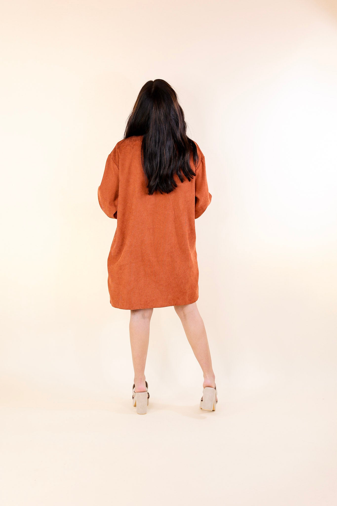 Peanut Brittle Button Up Corduroy Long Sleeve Dress in Rust Orange