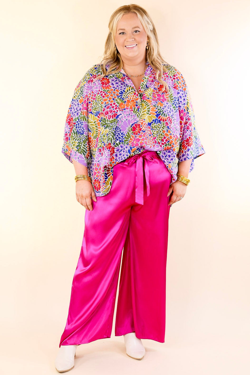 Dare To Dazzle Wide Leg Satin Pants with Waist Tie in Fuchsia Pink