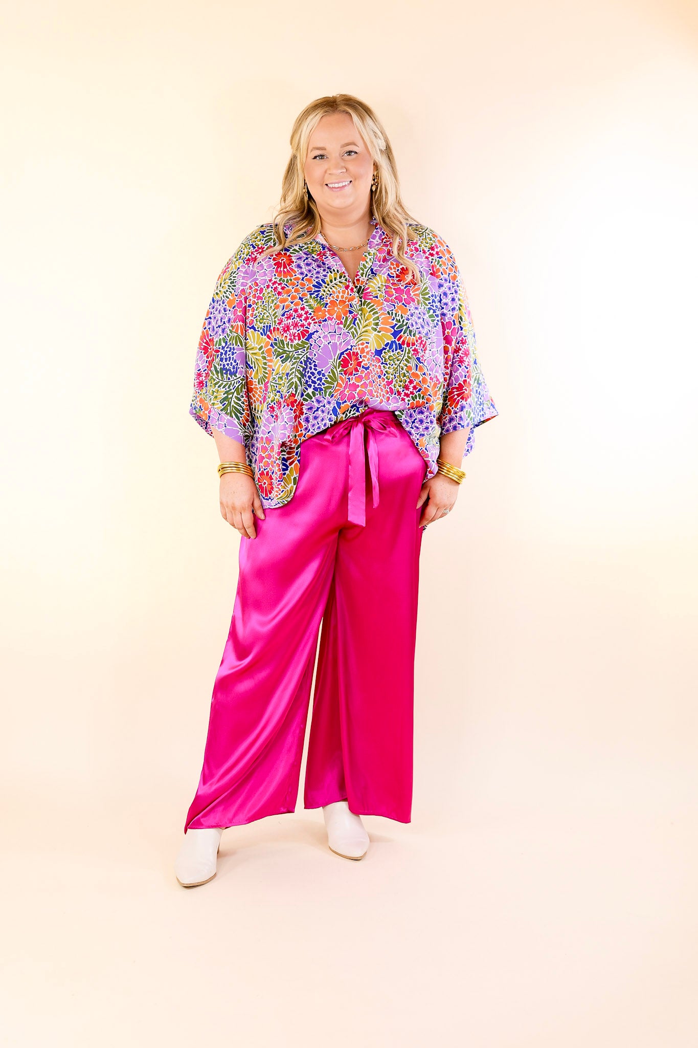 Dare To Dazzle Wide Leg Satin Pants with Waist Tie in Fuchsia Pink