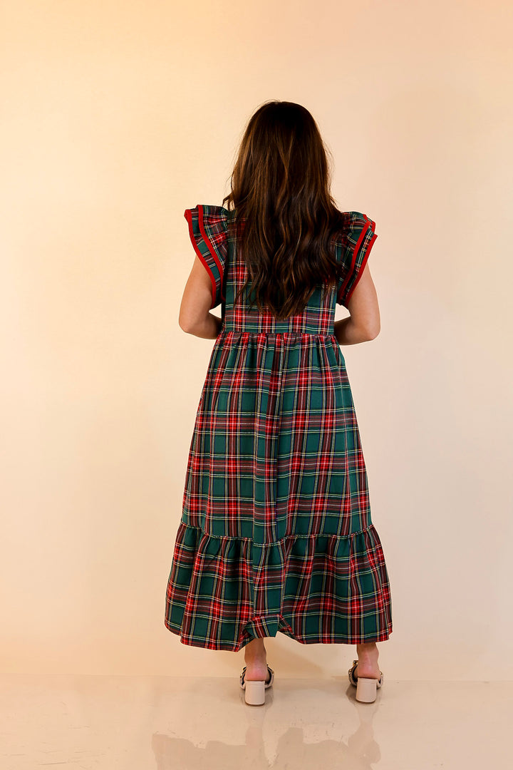 Magnolia Morning Plaid Ruffle Cap Sleeve Tiered Midi Dress in Green