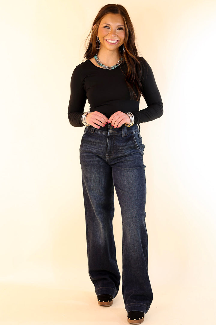 Judy Blue | Right on Trend Double Button Fly Wide Leg Trouser Jean in Dark Wash