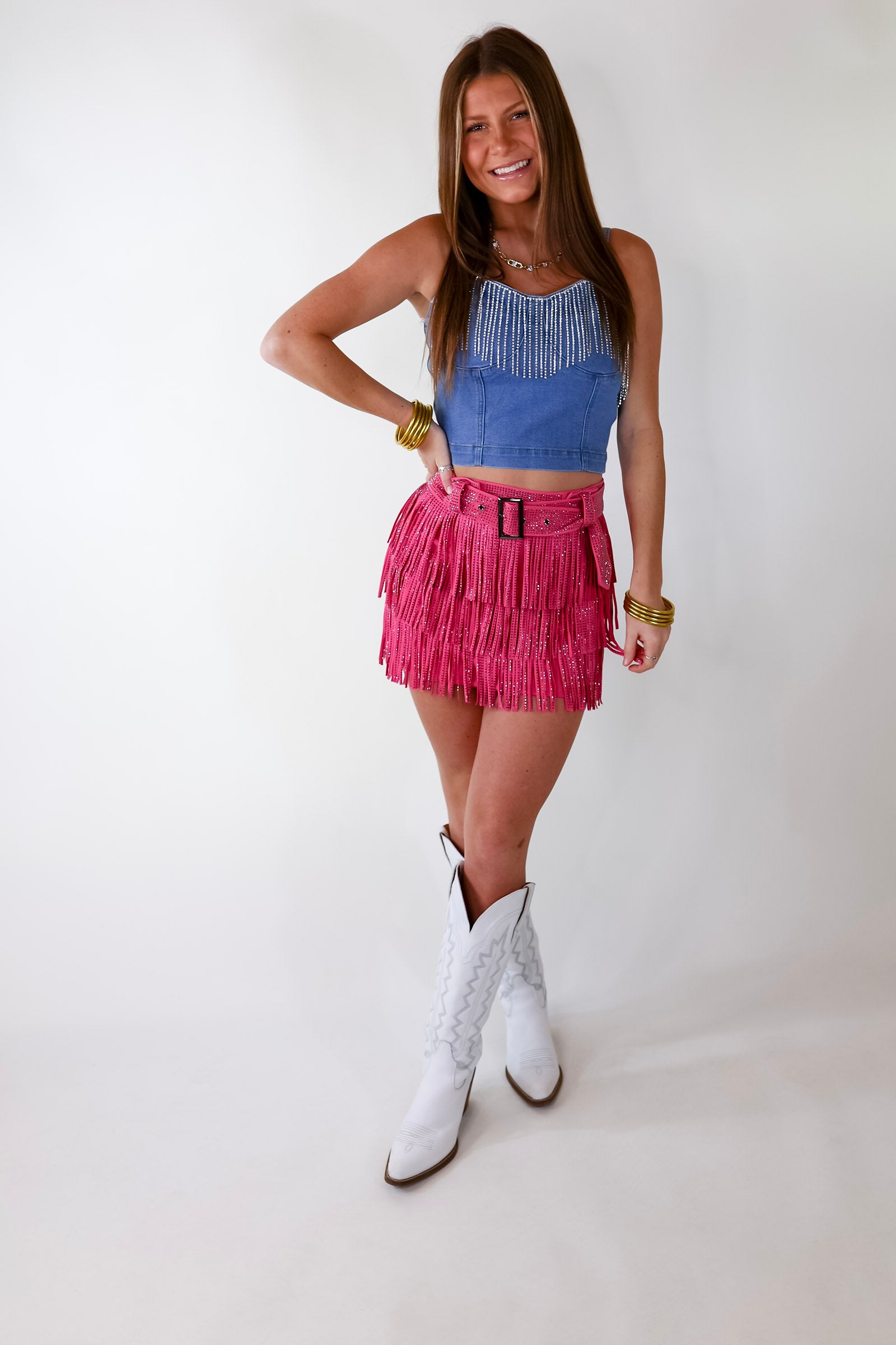 Broadway Lights Crystal Fringe Crop Top with Spaghetti Straps in Denim