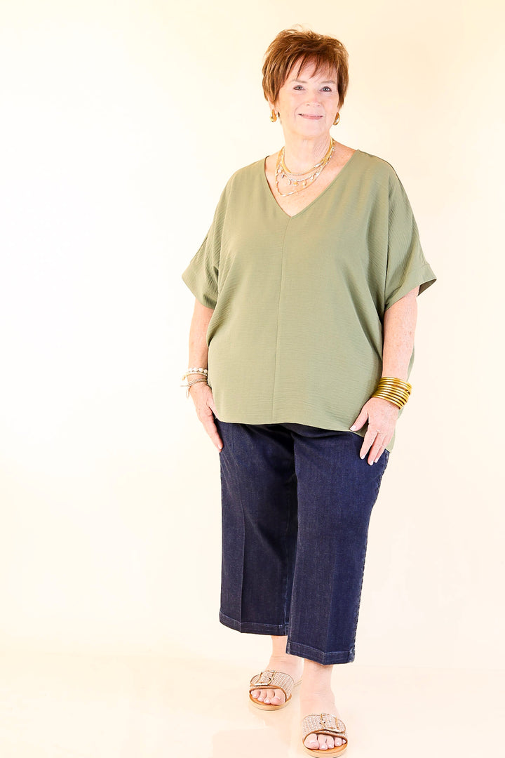 Classically Chic Short Sleeve V Neck Top in Olive Green