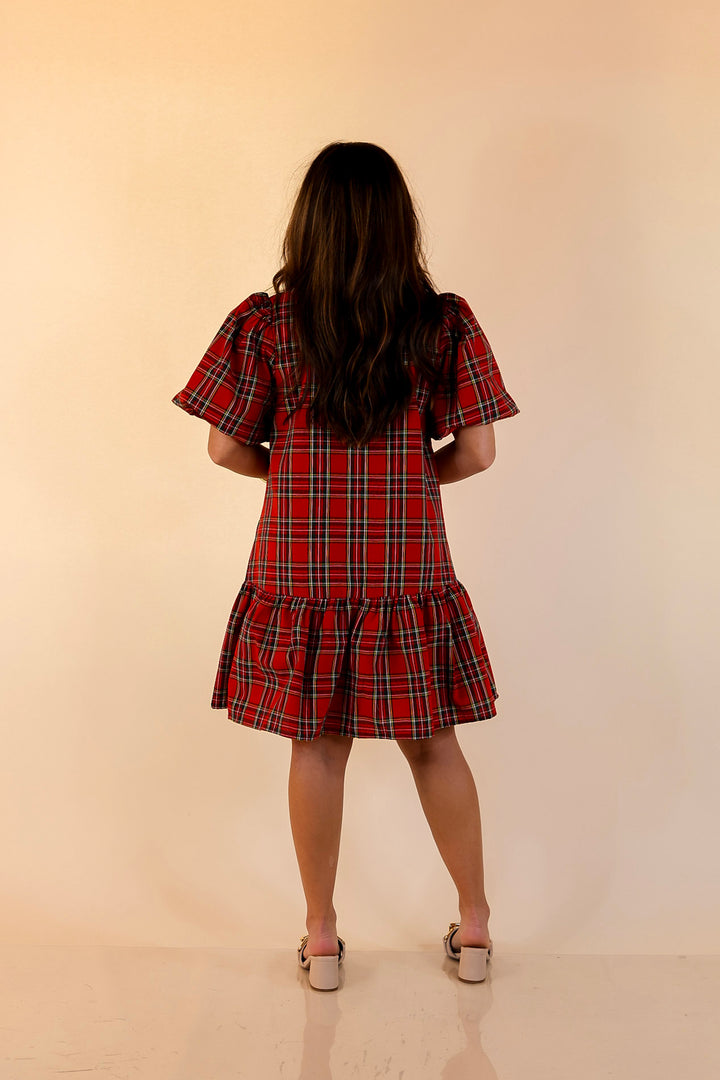 Polished in Plaid Peplum Skirt Dress with Pockets and Puff Sleeve in Red