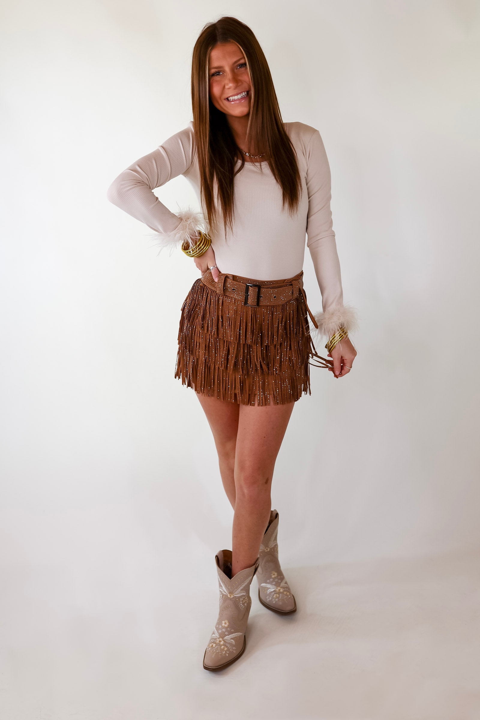 Center Stage Feather Trim Long Sleeve Bodysuit In Cream