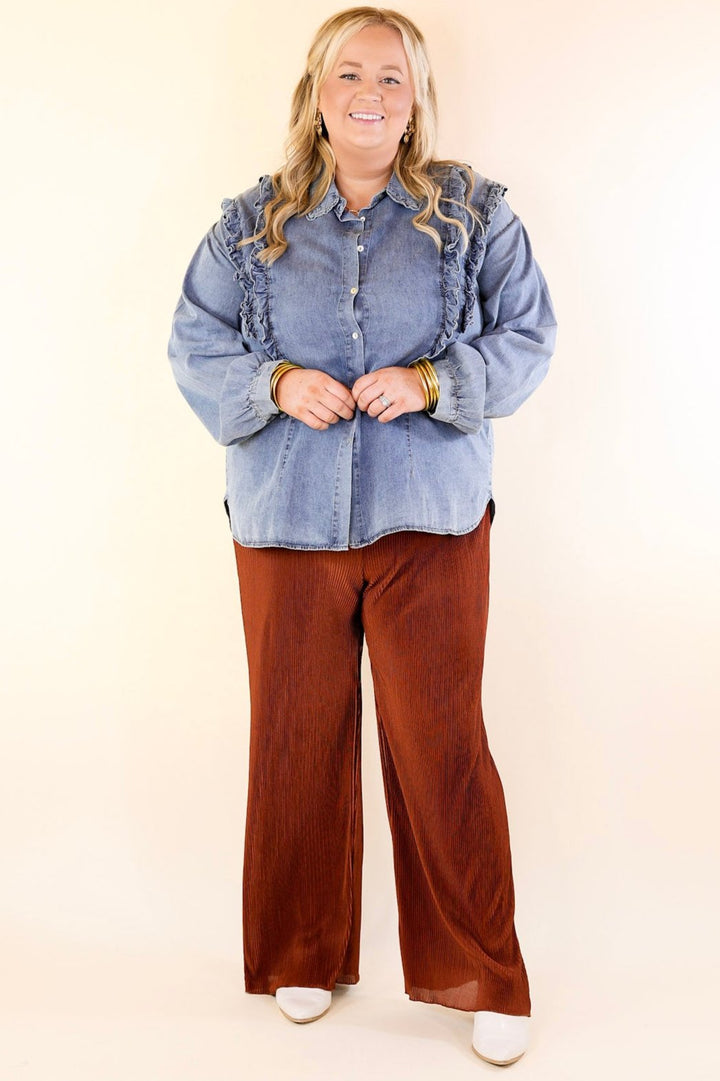 Attention To Detail Button Up Collared Denim Top with Ruffle Detail