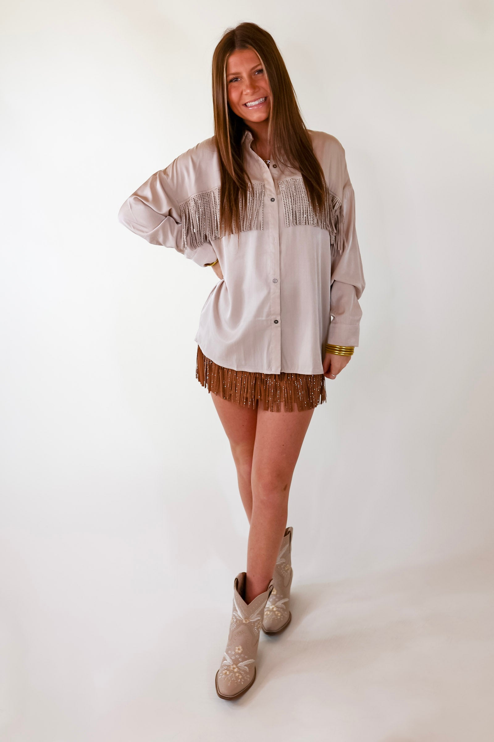 All That Shimmers Crystal Fringe Button Up Top with Long Sleeves in Champagne - Giddy Up Glamour Boutique