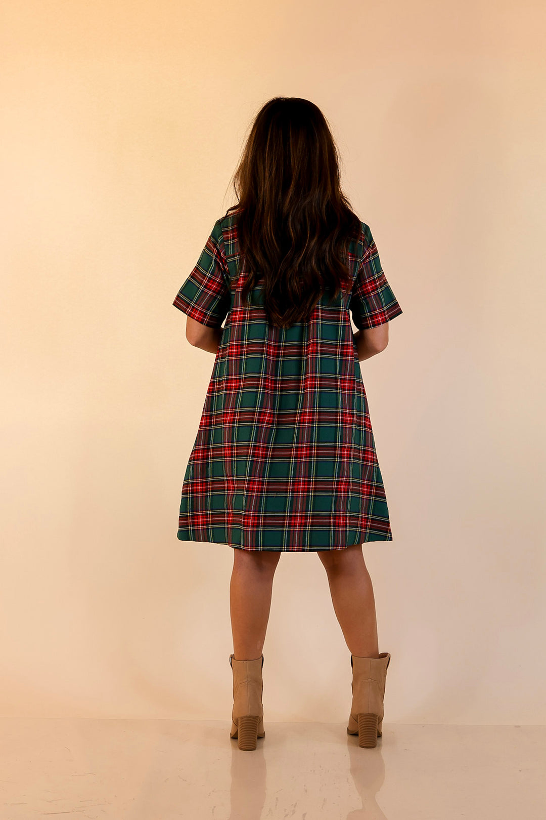 Seasonal Shift Plaid Dress with Pockets and Button Detailing in Green