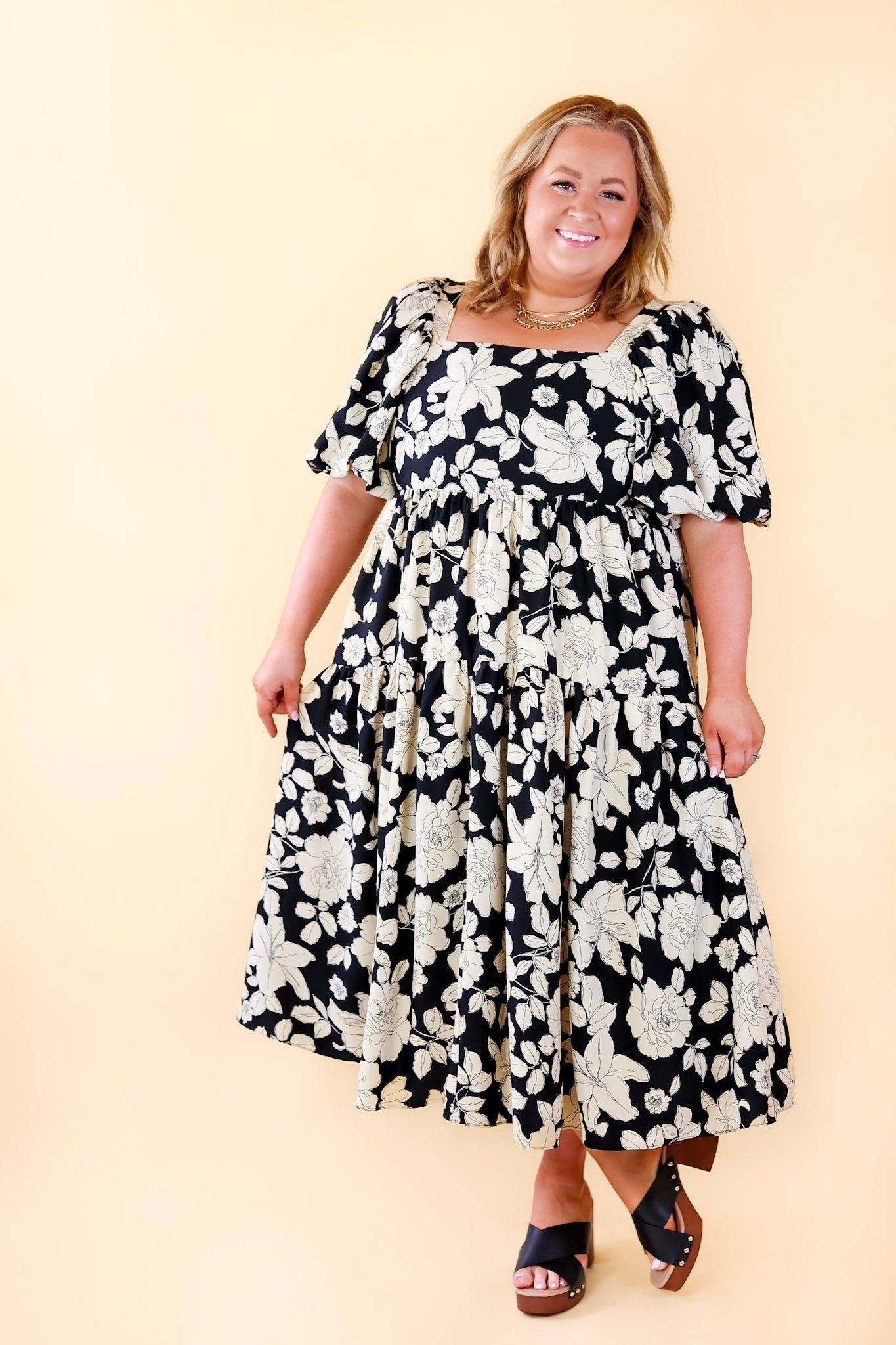 Floral Fascination Tiered Midi Dress in Black and White - Giddy Up Glamour Boutique