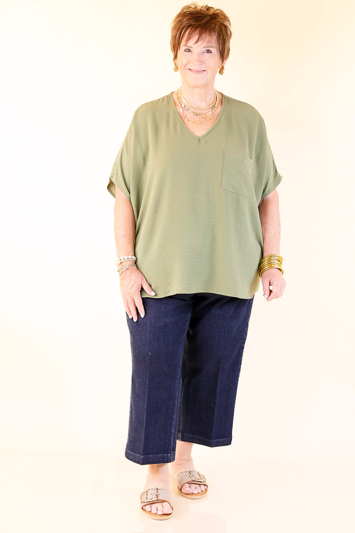 Try To Resist Short Sleeve V Neck Top with Front Pocket in Olive Green