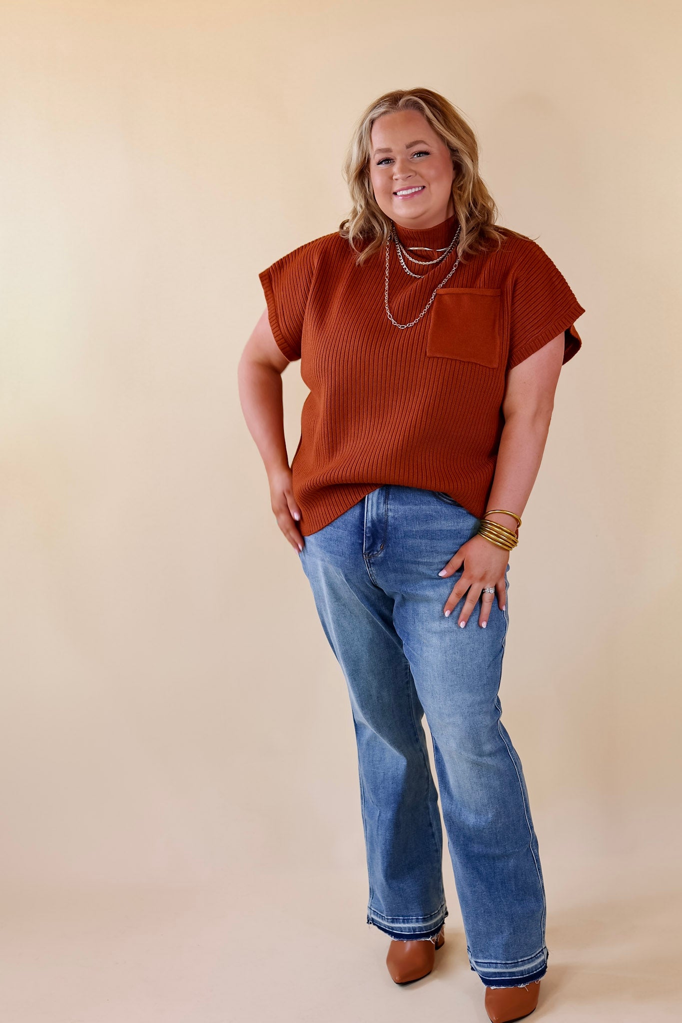 City Sights Cap Sleeve Sweater Top in Copper Brown - Giddy Up Glamour Boutique