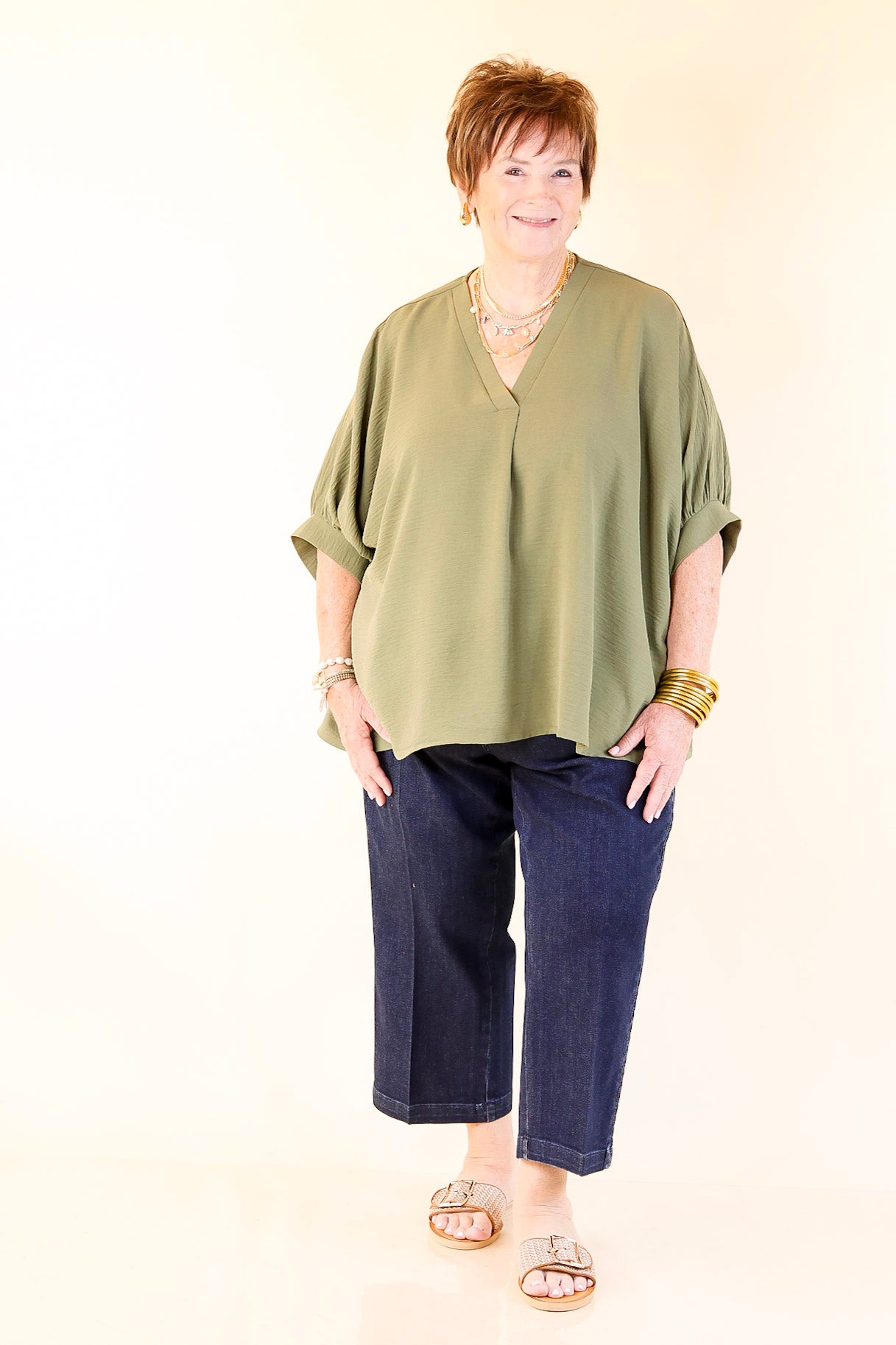 Olive Green Relaxed V Neck Half Sleeve Top detail view