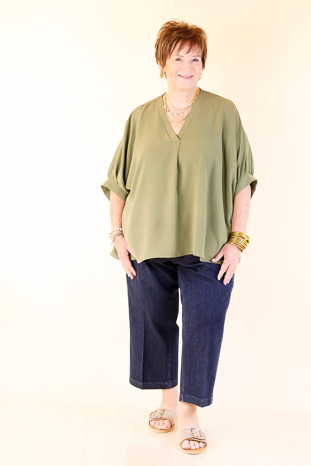 Elevated Basics V Neck Top with Half Sleeves in Olive Green
