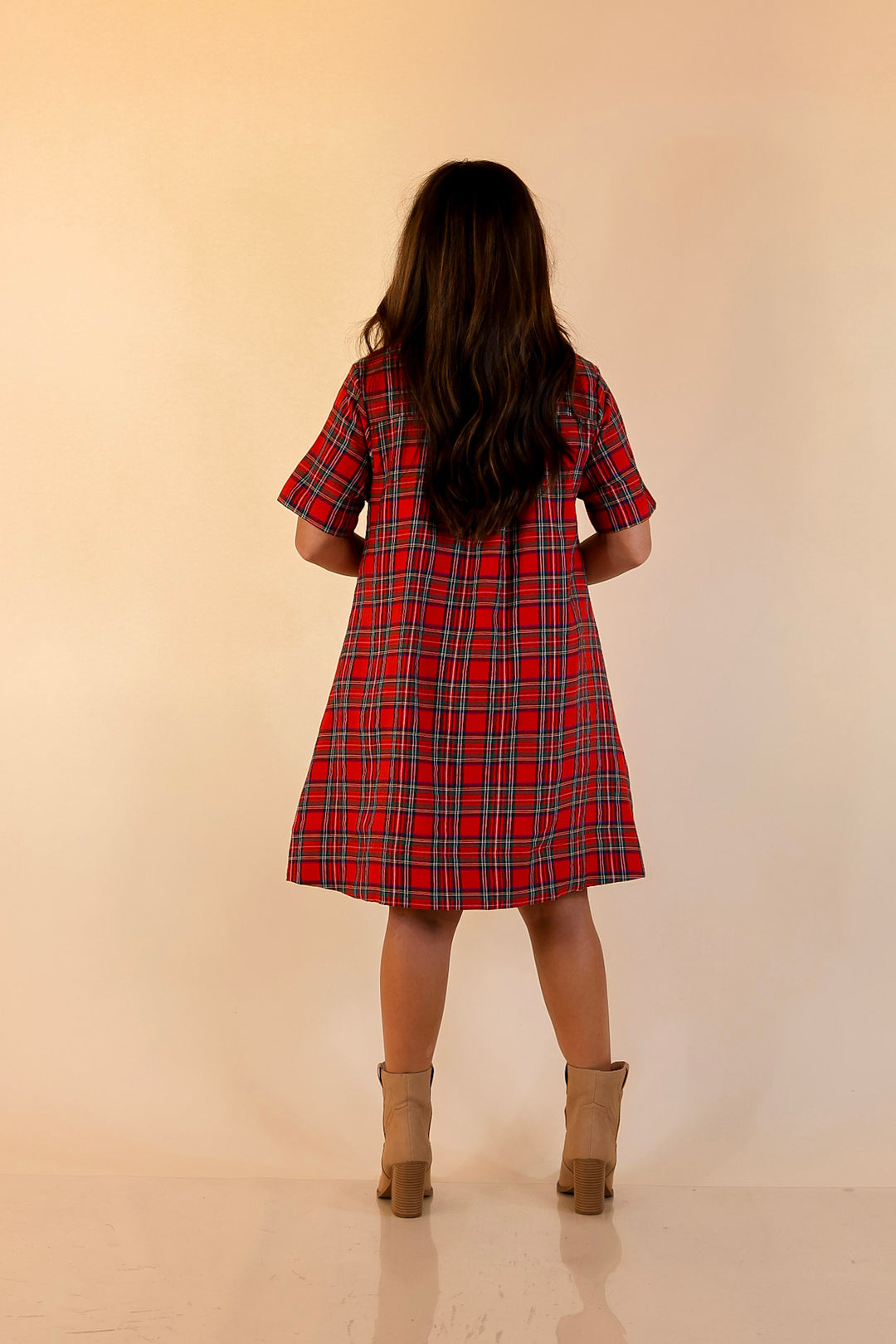Seasonal Shift Plaid Dress with Pockets and Button Detailing in Red