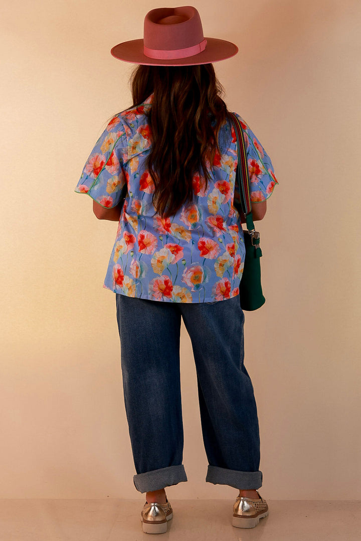 Petals and Plans Poppy Floral Print Button Up Collar Blouse in Dusty Blue