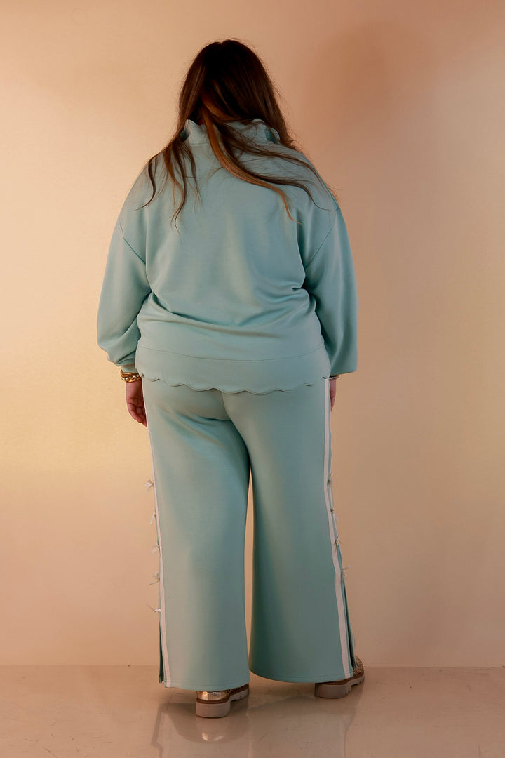 Simply Southern | Modern Staple Buttery Soft Pull-On Wide Leg Knit Pants with Side Bow Detail in Light Dusty Teal Blue