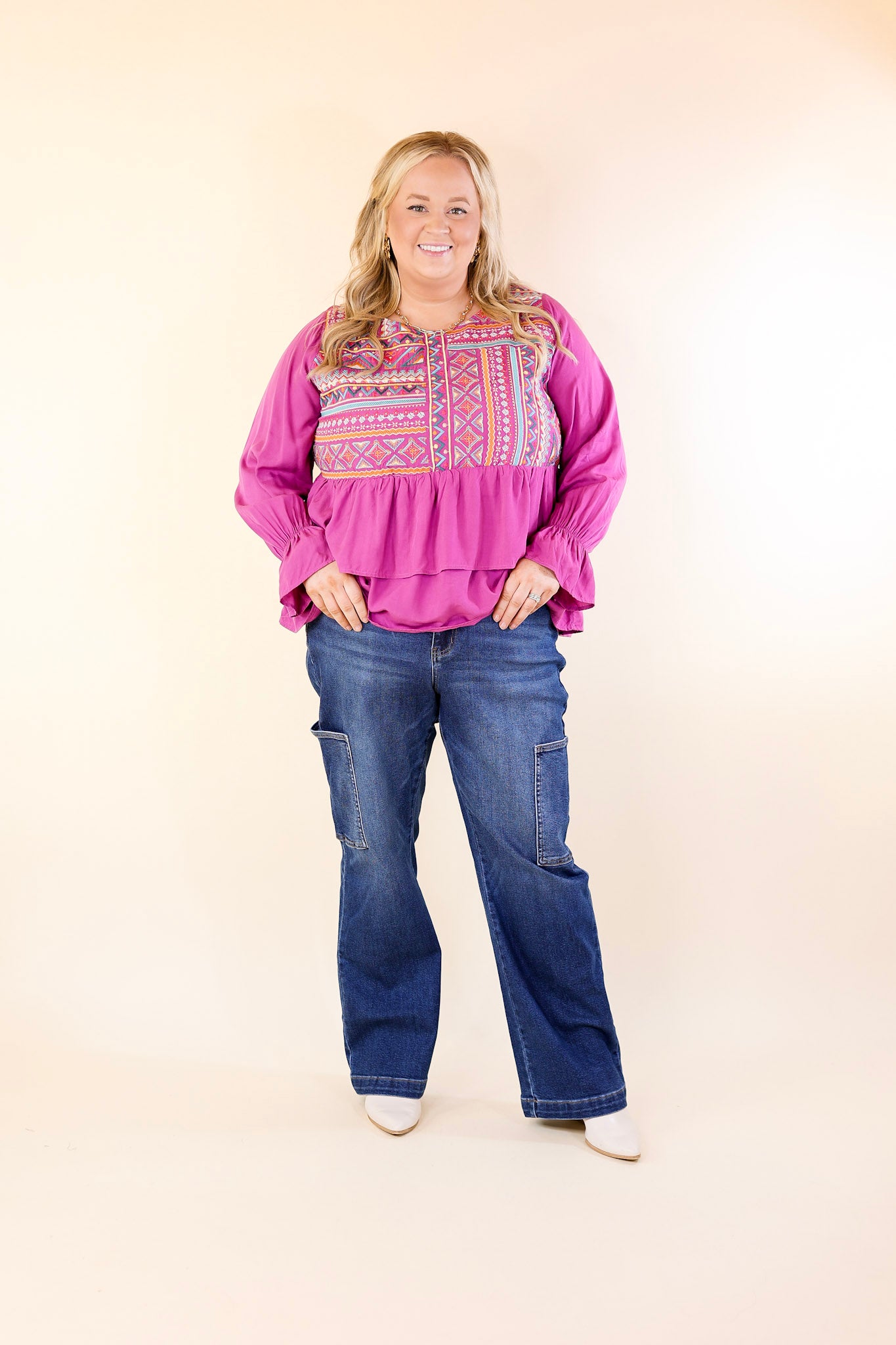 Rhythm Of The Season Embroidered Long Sleeve Top in Magenta