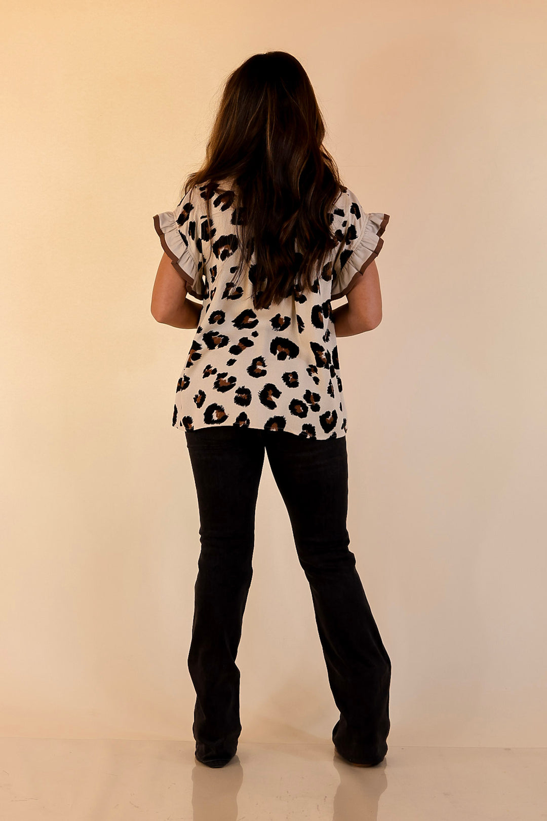 Natural Charm Leopard Print Button Up Ruffle Sleeve Top in Taupe