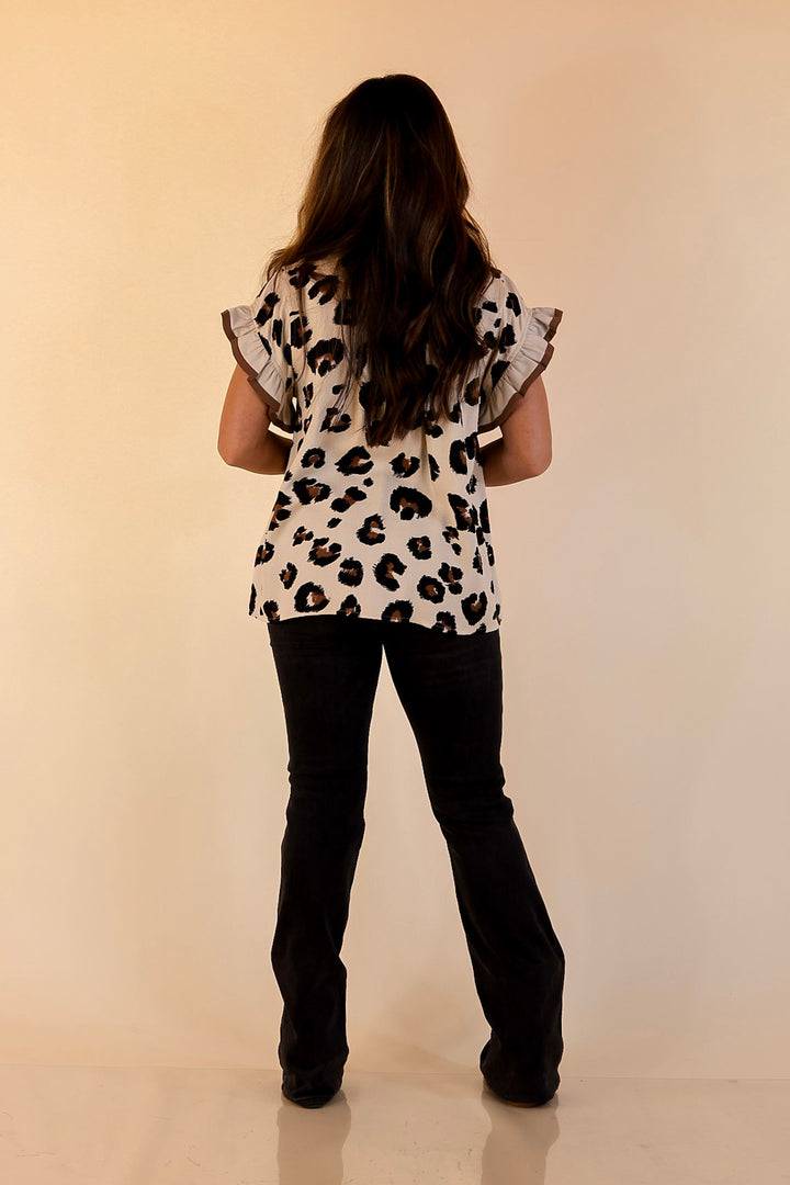 Natural Charm Leopard Print Button Up Ruffle Sleeve Top in Taupe