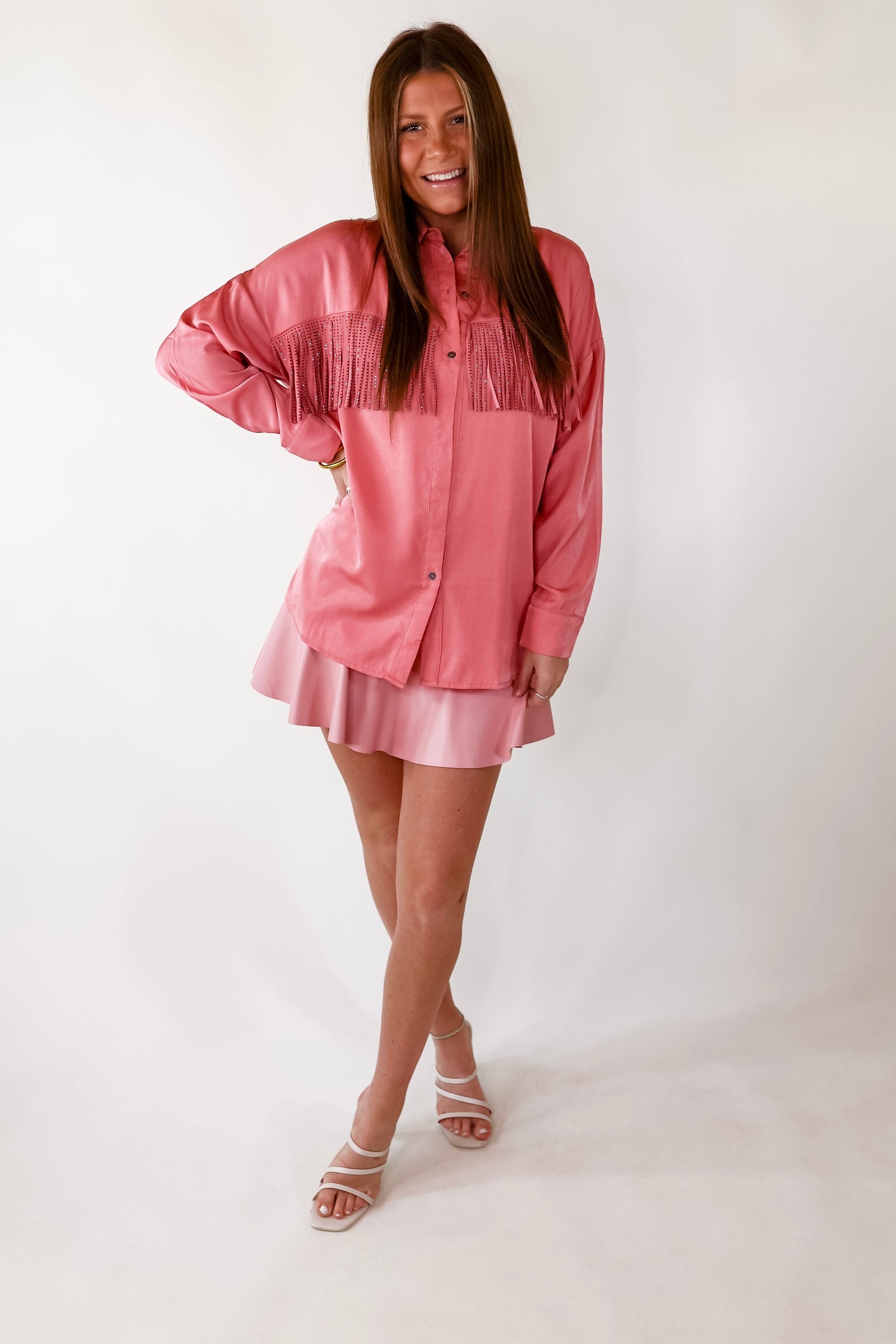 All That Shimmers Crystal Fringe Button Up Top with Long Sleeves in Coral Pink - Giddy Up Glamour Boutique