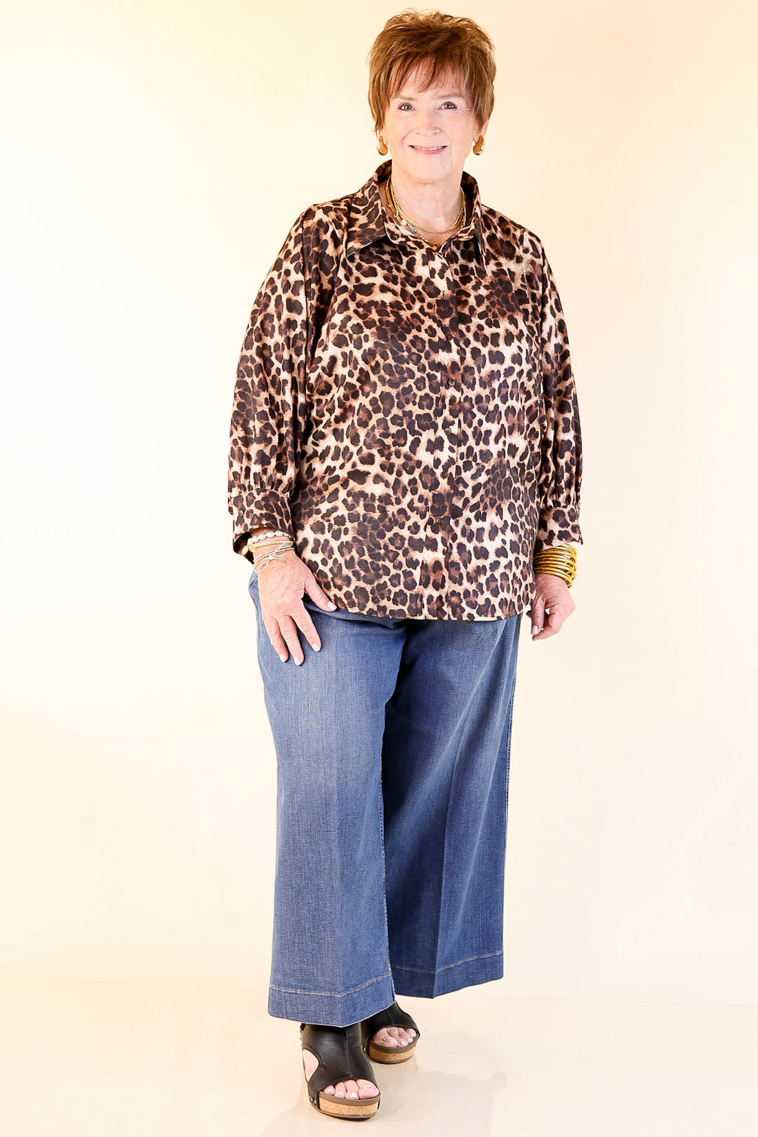 Spotted and Sweet Long Sleeve Button Up Blouse in Cheetah Print