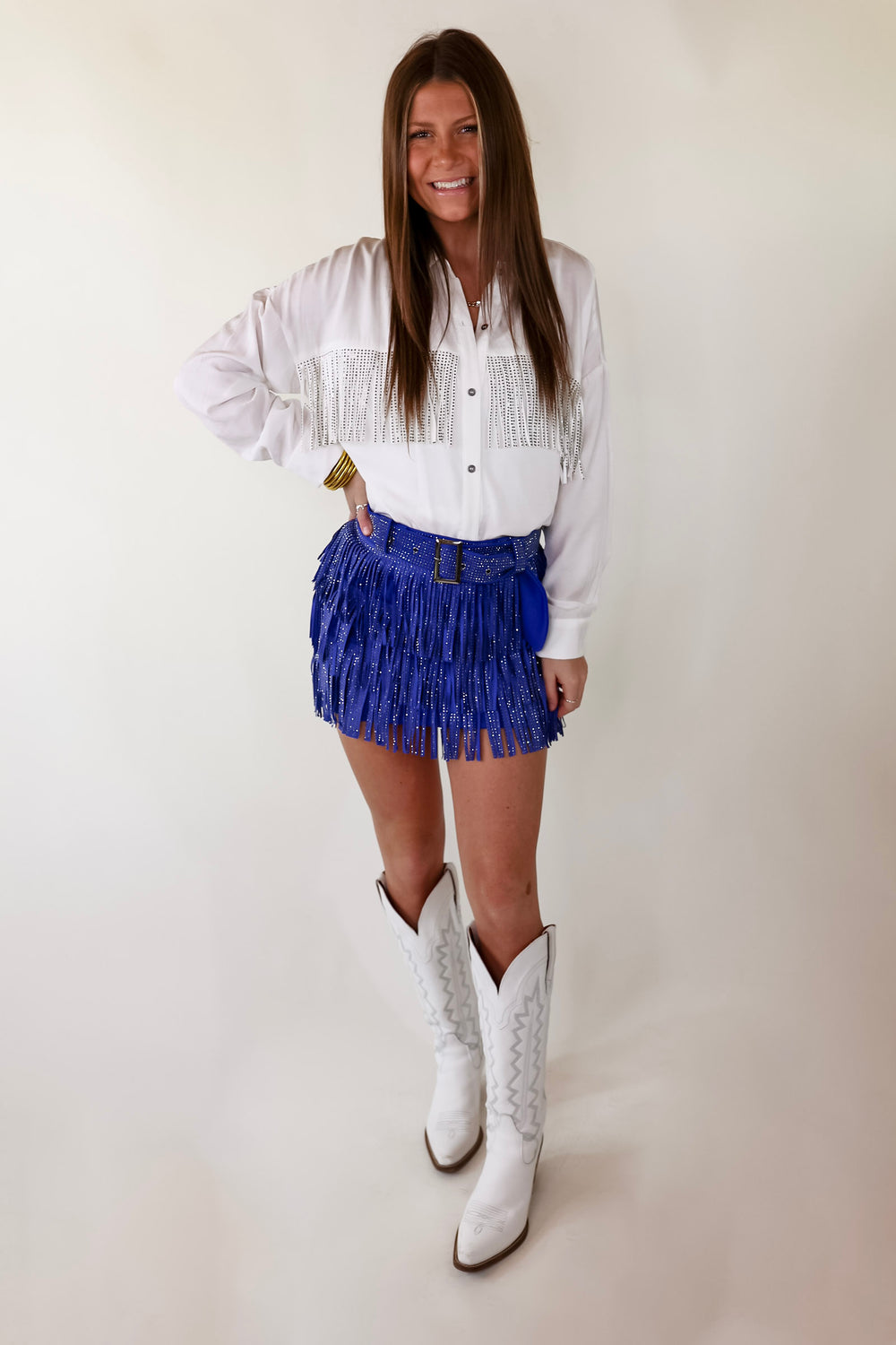 Cowboy Killer Crystal Fringe Mini Skort in Royal blue - Giddy Up Glamour Boutique