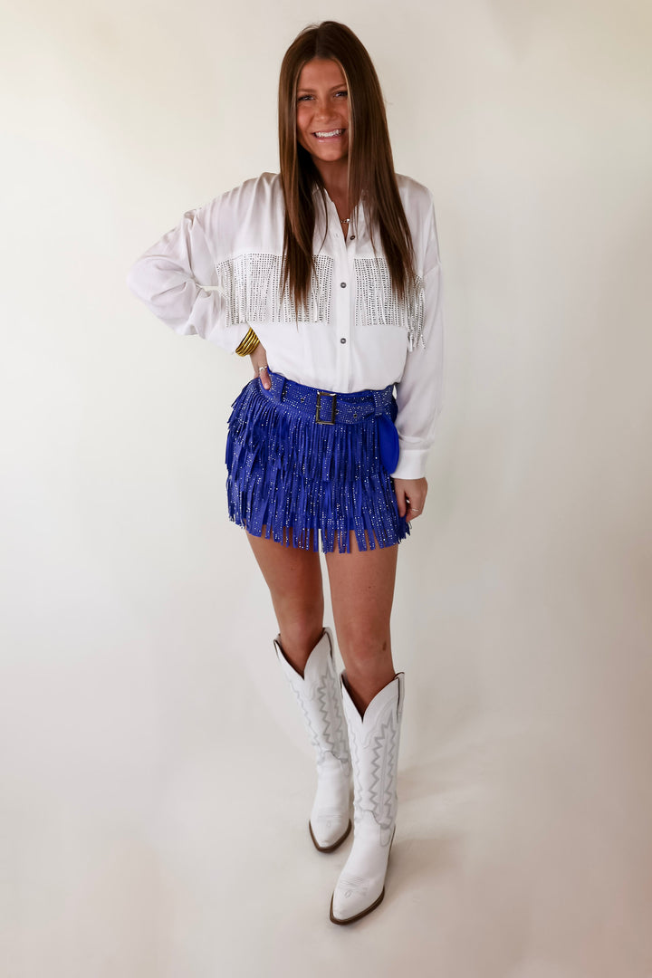 Cowboy Killer Crystal Fringe Mini Skort in Royal blue - Giddy Up Glamour Boutique
