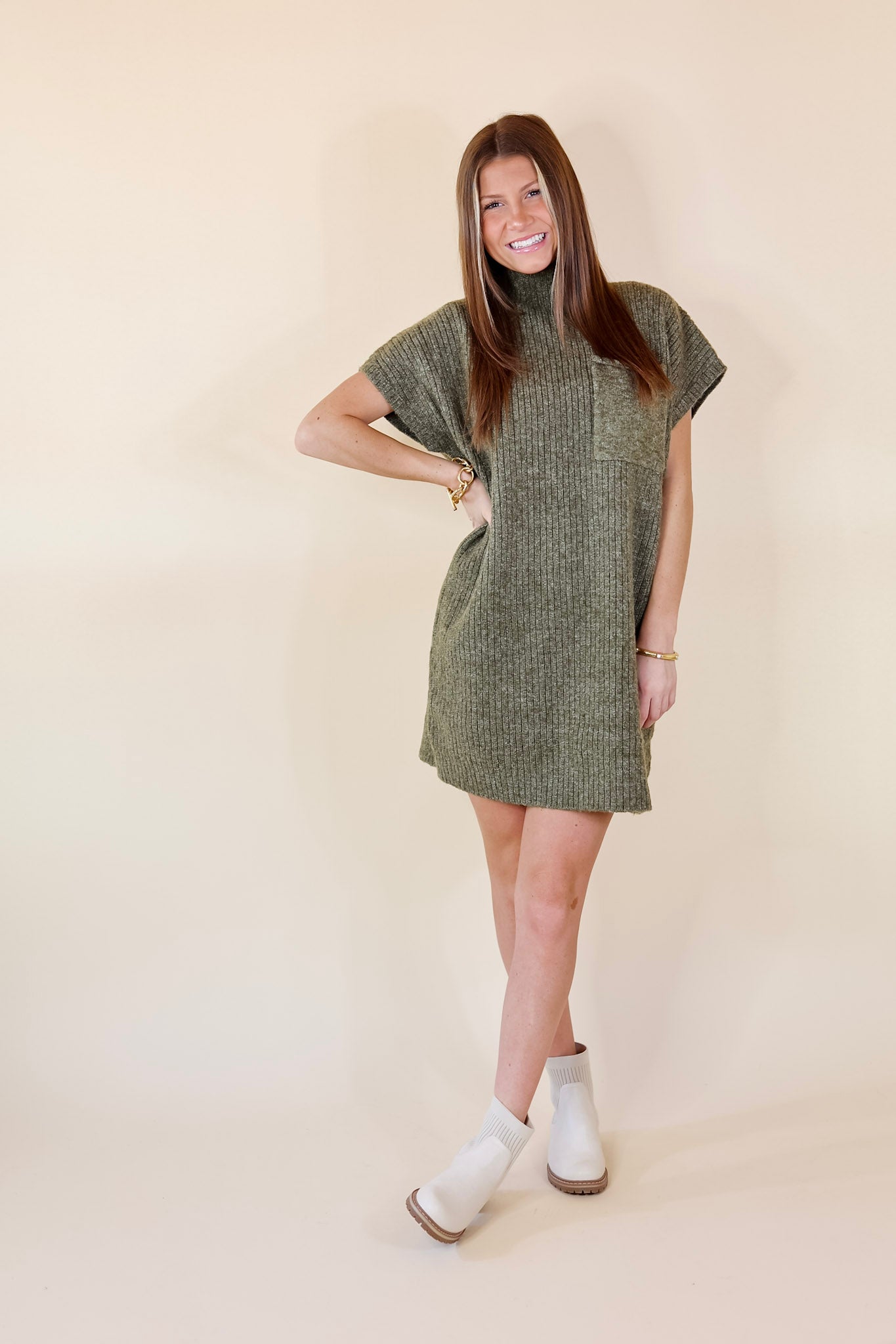 City Sights Cap Sleeve Sweater Dress in Olive Green - Giddy Up Glamour Boutique