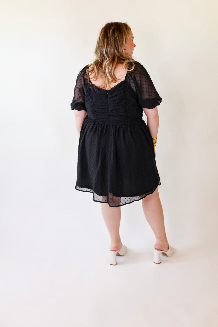 Favorite Adventure Swiss Dot Dress with Short Balloon Sleeves in Black - Giddy Up Glamour Boutique
