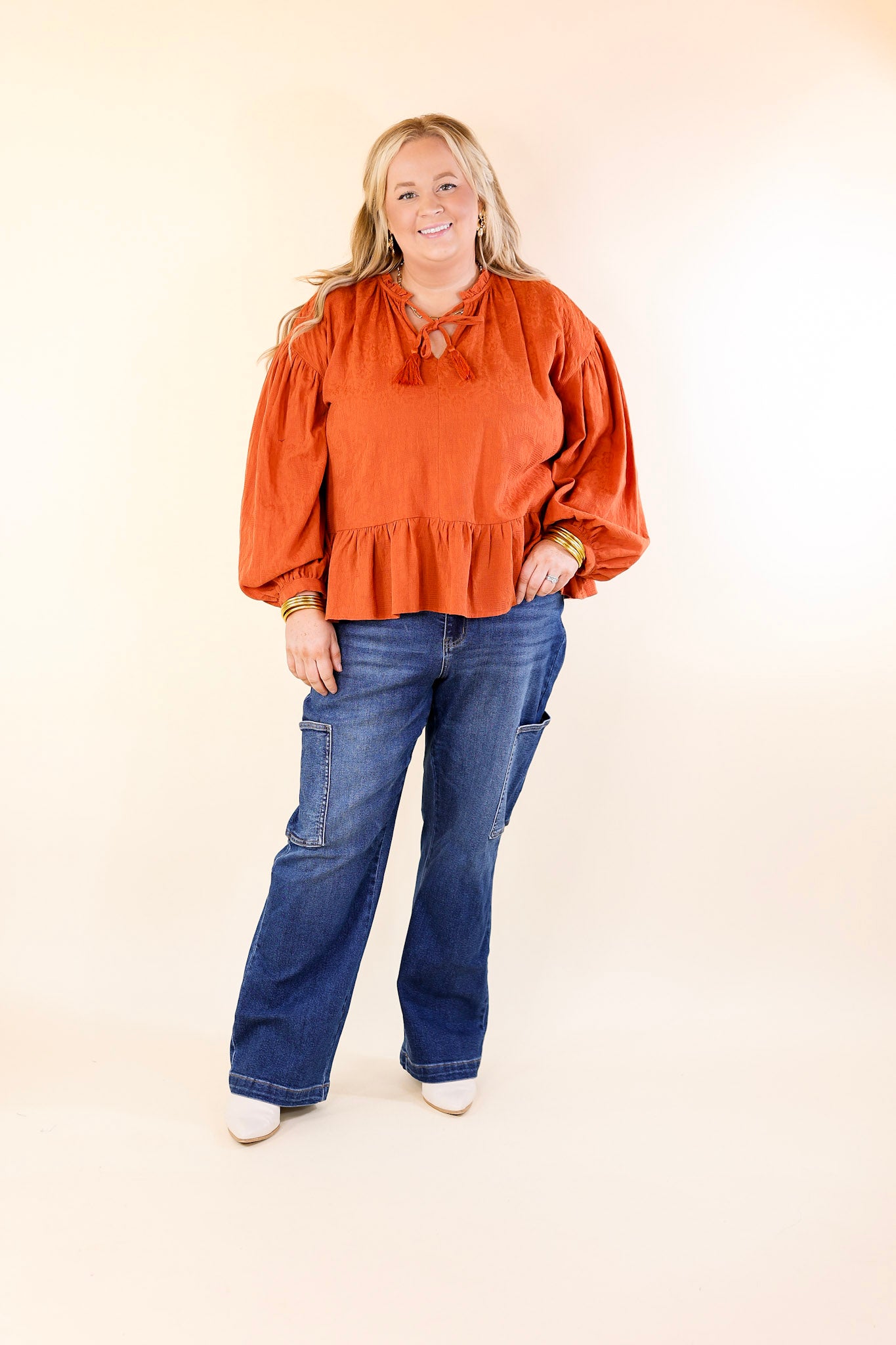 Free Fallin' Textured Long Sleeve Peplum Top with Keyhole Front in Orange