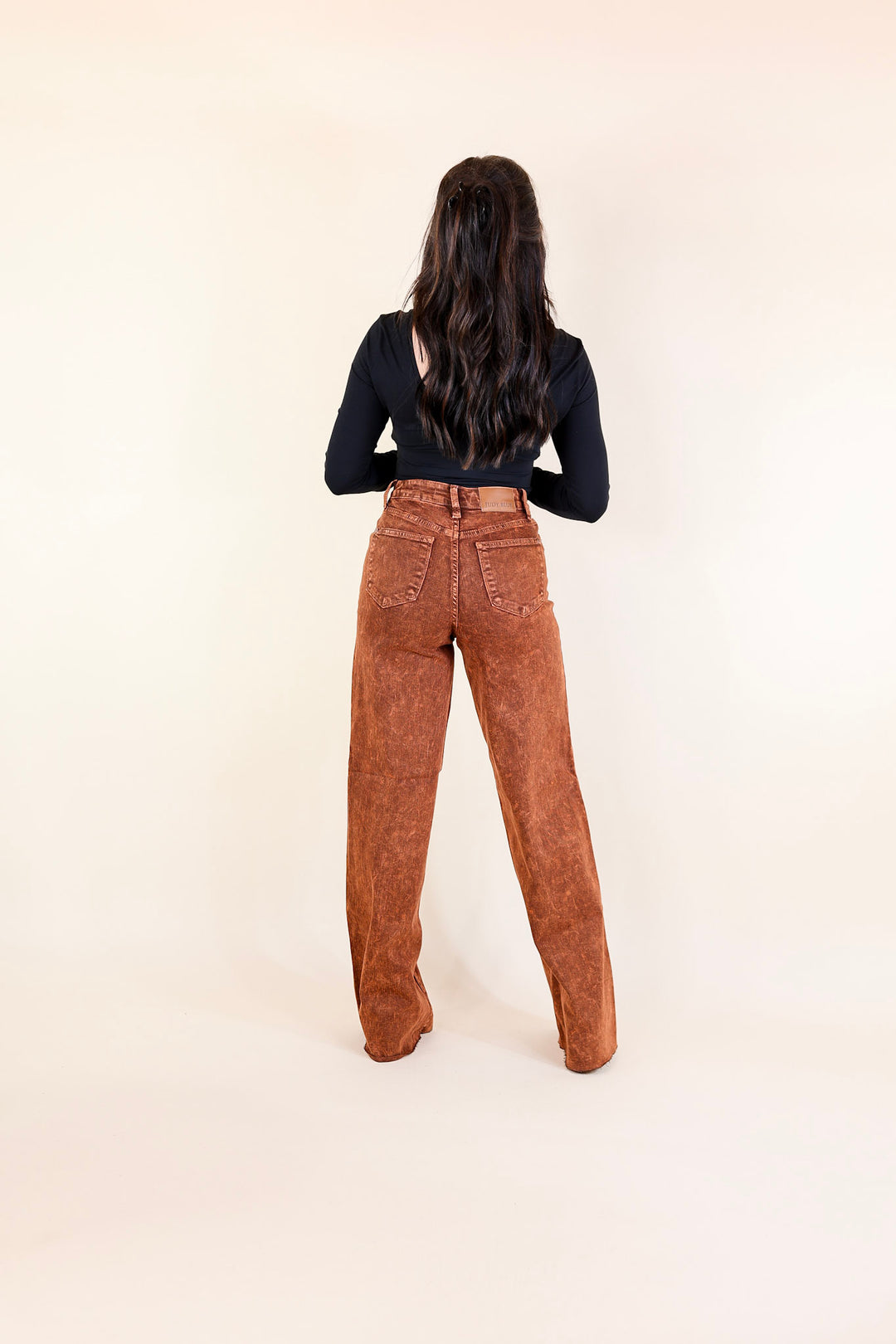 Judy Blue | Harvest Hues Garment Dyed Wide Leg Jean with Raw Hem in Pumpkin Spice Brown