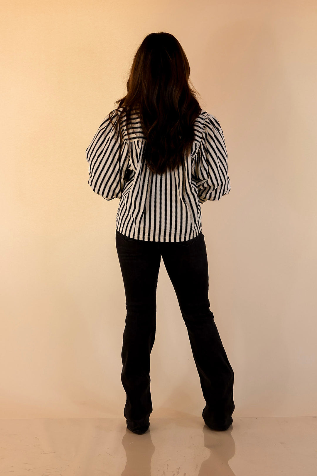 The Bold Type Striped Long Sleeve Button-Up Top in White with Black Stripes