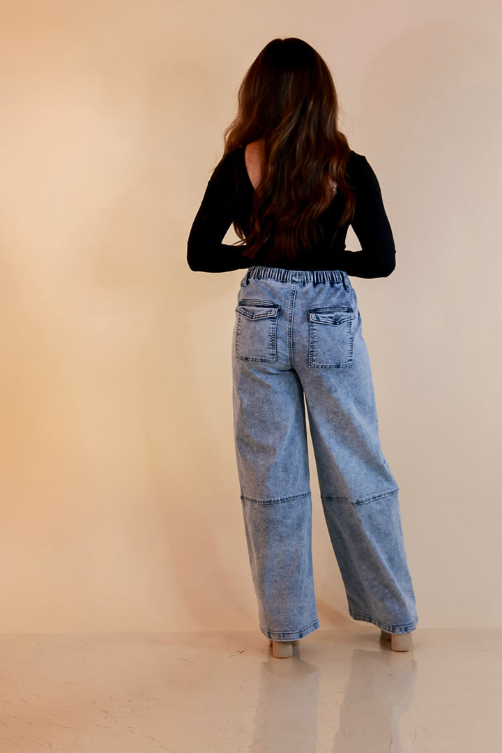 Simply Southern | Right This Way Wide Leg Drawstring Denim Utility Jeans in Acid Wash