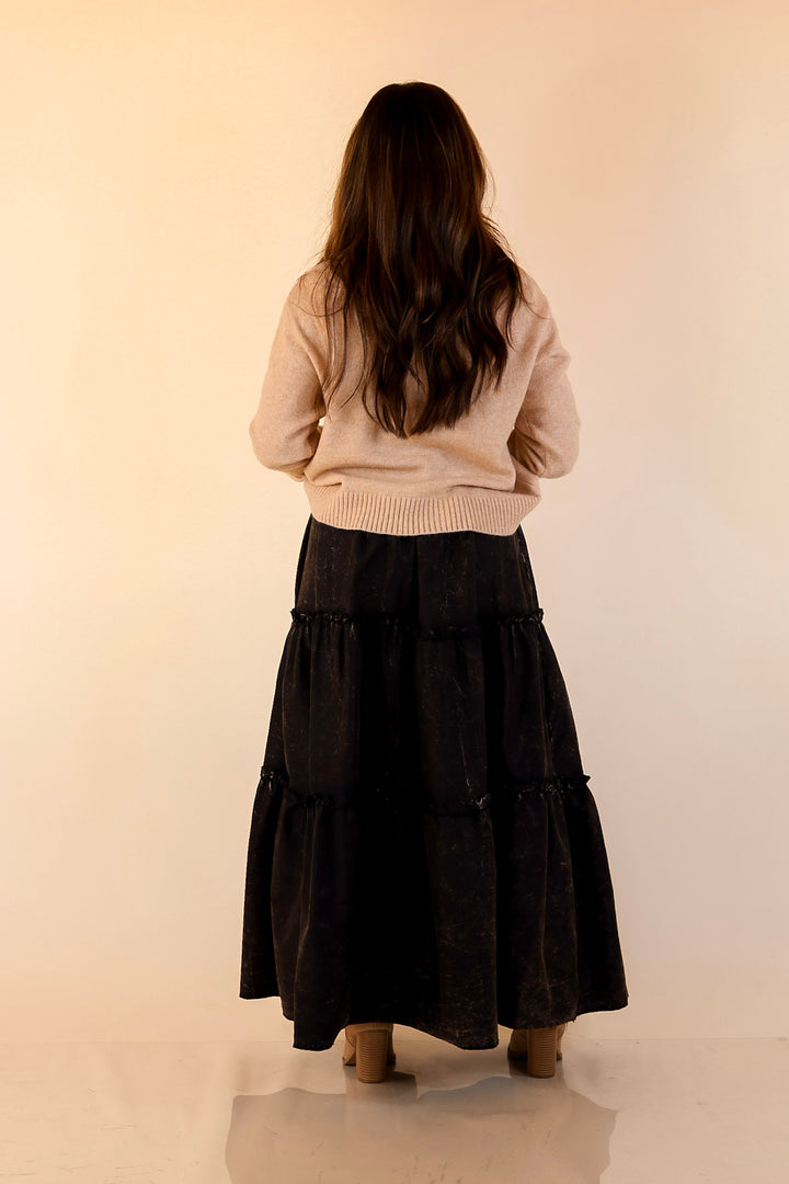Boho Bliss Acid Wash Tiered Ruffle Maxi Skirt in Ash Black