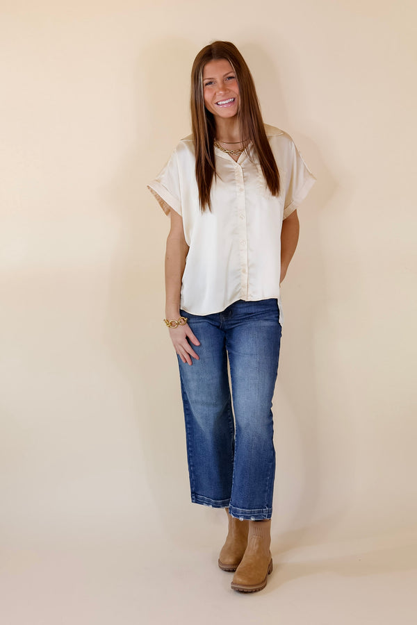 Free To Be Fab Button Up Short Sleeve Top in Cream