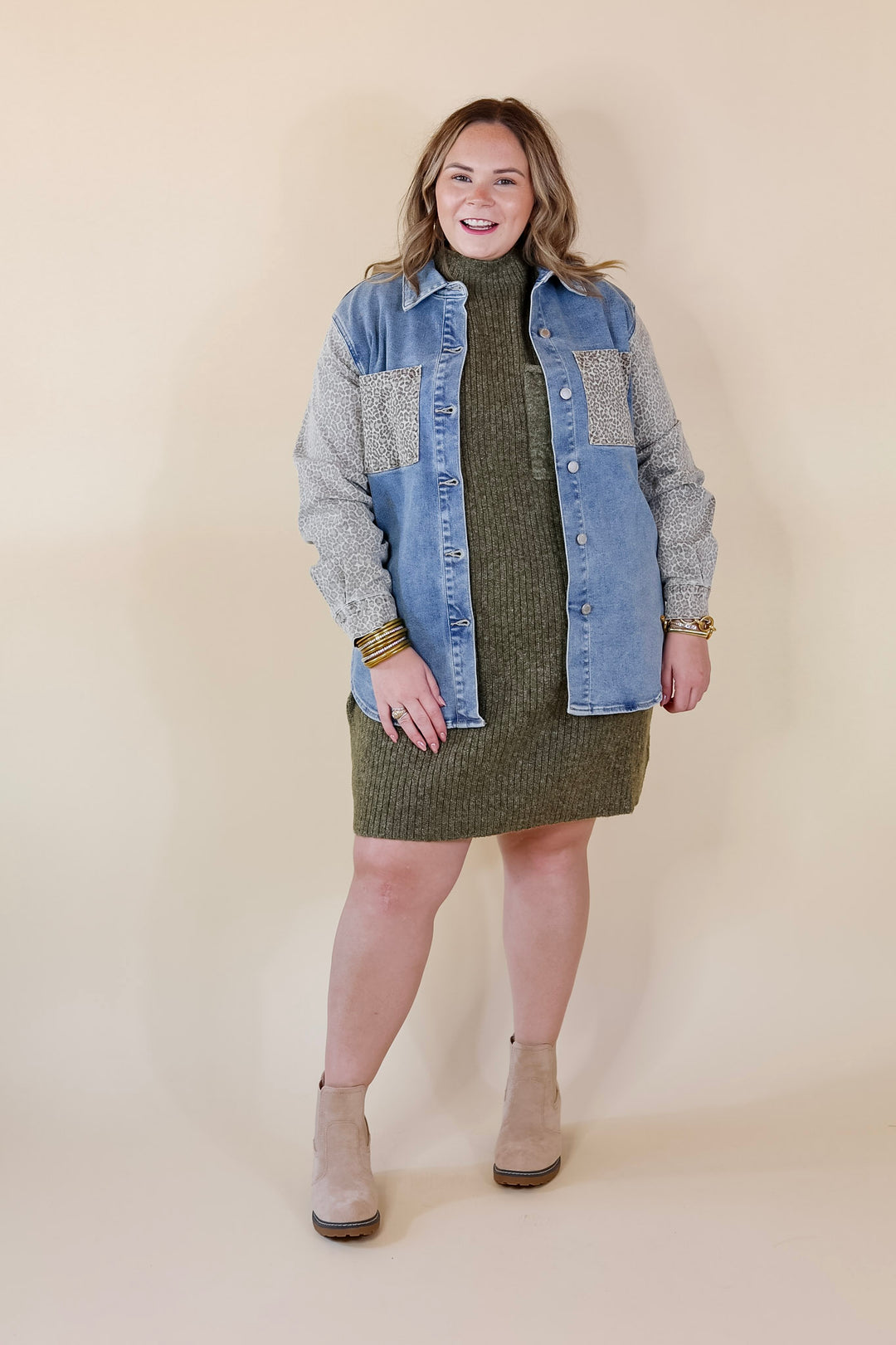 Judy Blue | Special Treat Leopard Print Block Button Up Denim Jacket in Light Wash - Giddy Up Glamour Boutique